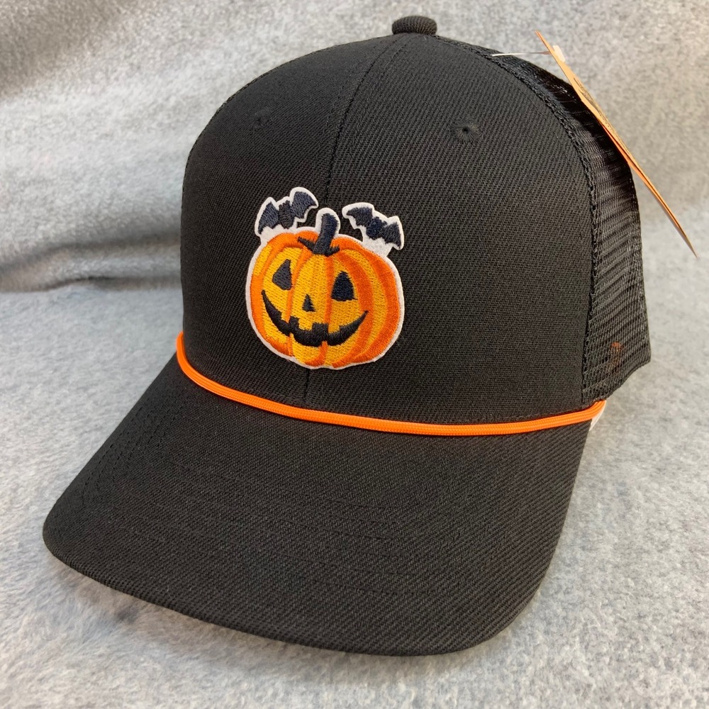 Halloween Pumpkin Bats Patch Black Trucker Hat Snapback OSFM NWT